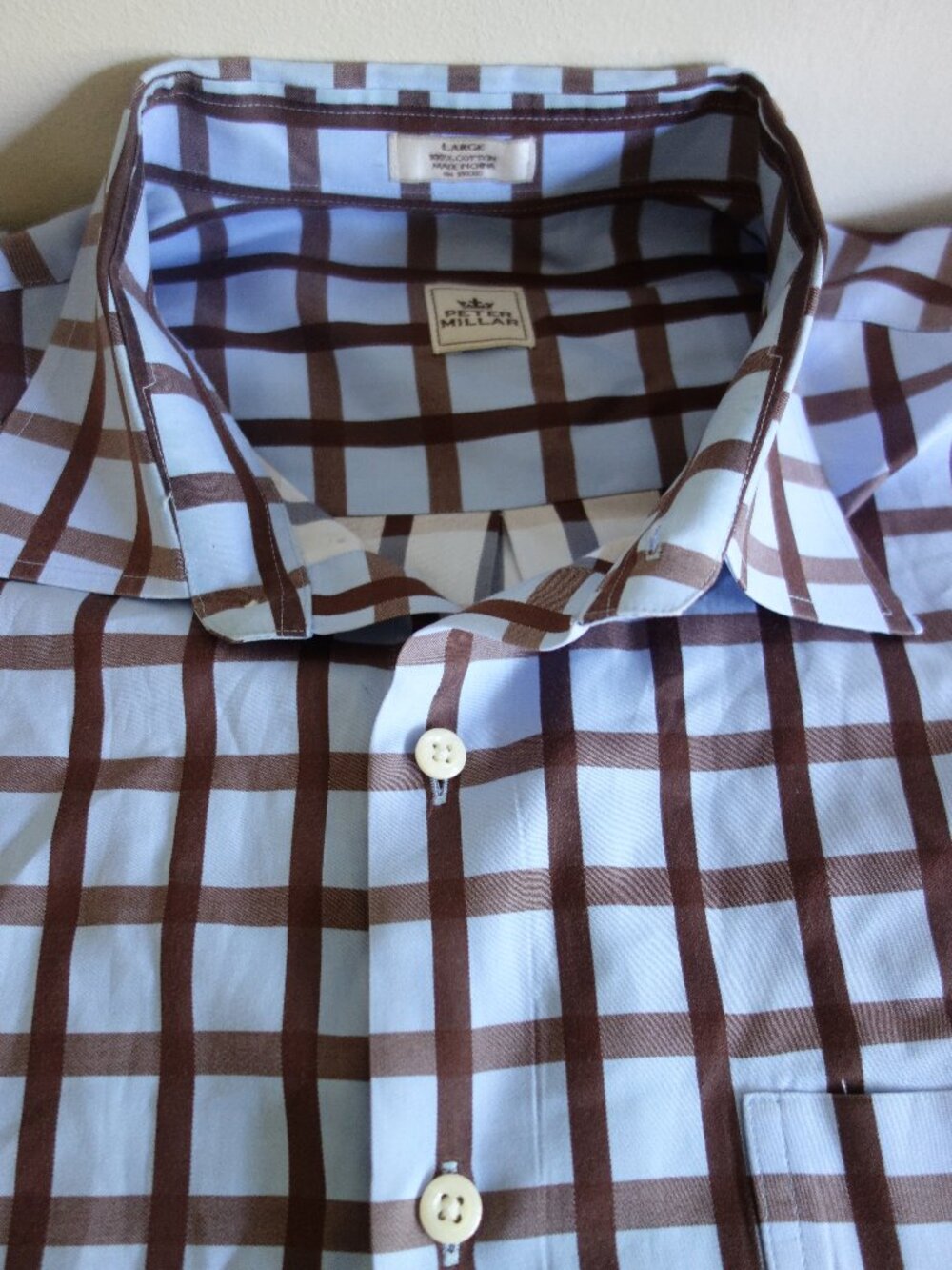 PETER MILLAR 100% Blue Brown Plaid Cotton Long Sleeve Button Shirt – Large